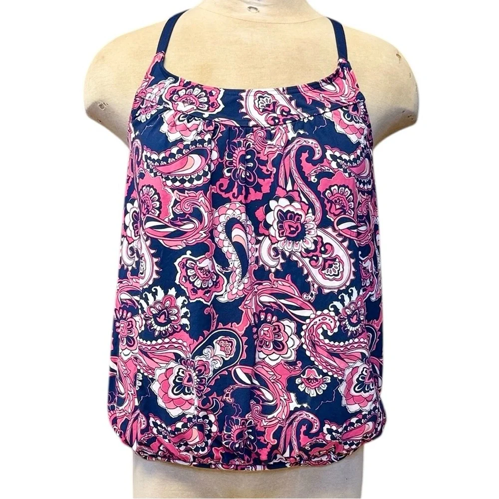 Lands End Tankini Top Swimsuit Swim Tank Paisley Floral Racerback Blouson 10